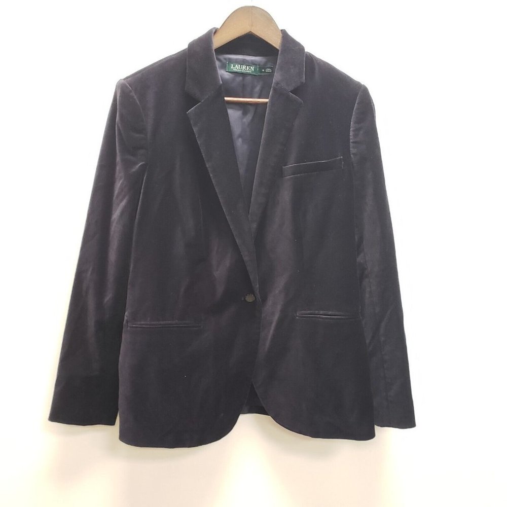 Lauren Ralph Lauren Womens Velvet Blazer Size 12 Navy Blue Long Sleeve Pockets